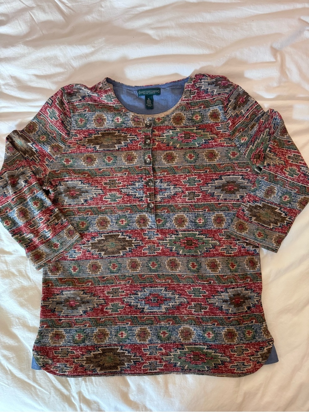 Lauren Jeans Company Multicolor Southwest Print 3/4 sleeve Henley Top